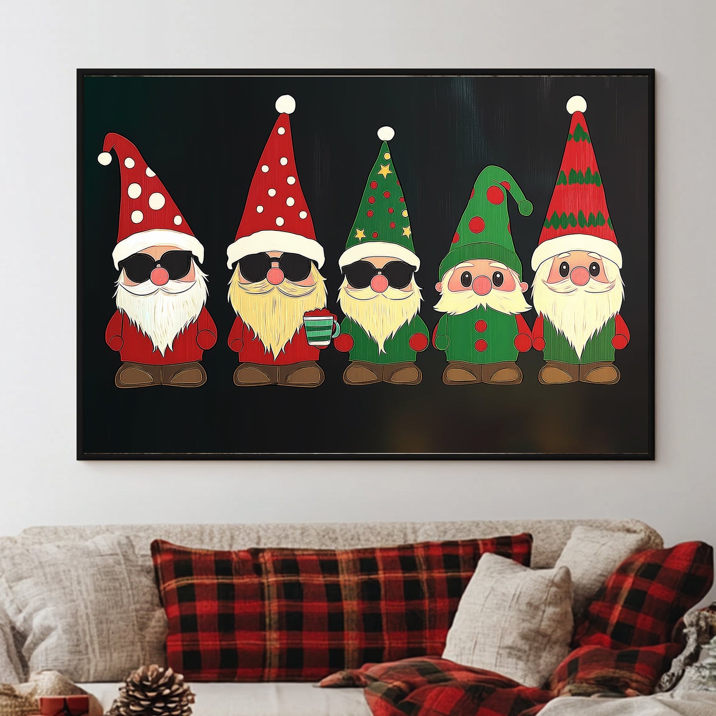 Illustration of festive gnomes in red and green outfits with unique hats and accessories, perfect for holiday decoration.