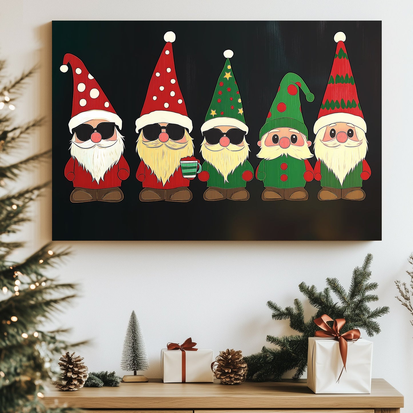 Illustration of festive gnomes in red and green outfits with unique hats and accessories, perfect for holiday decoration.