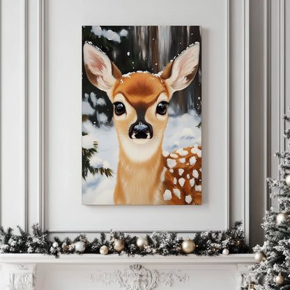 Close-up of a fawn with snowflakes on its fur, set in a snowy forest backdrop, creating a serene winter scene.