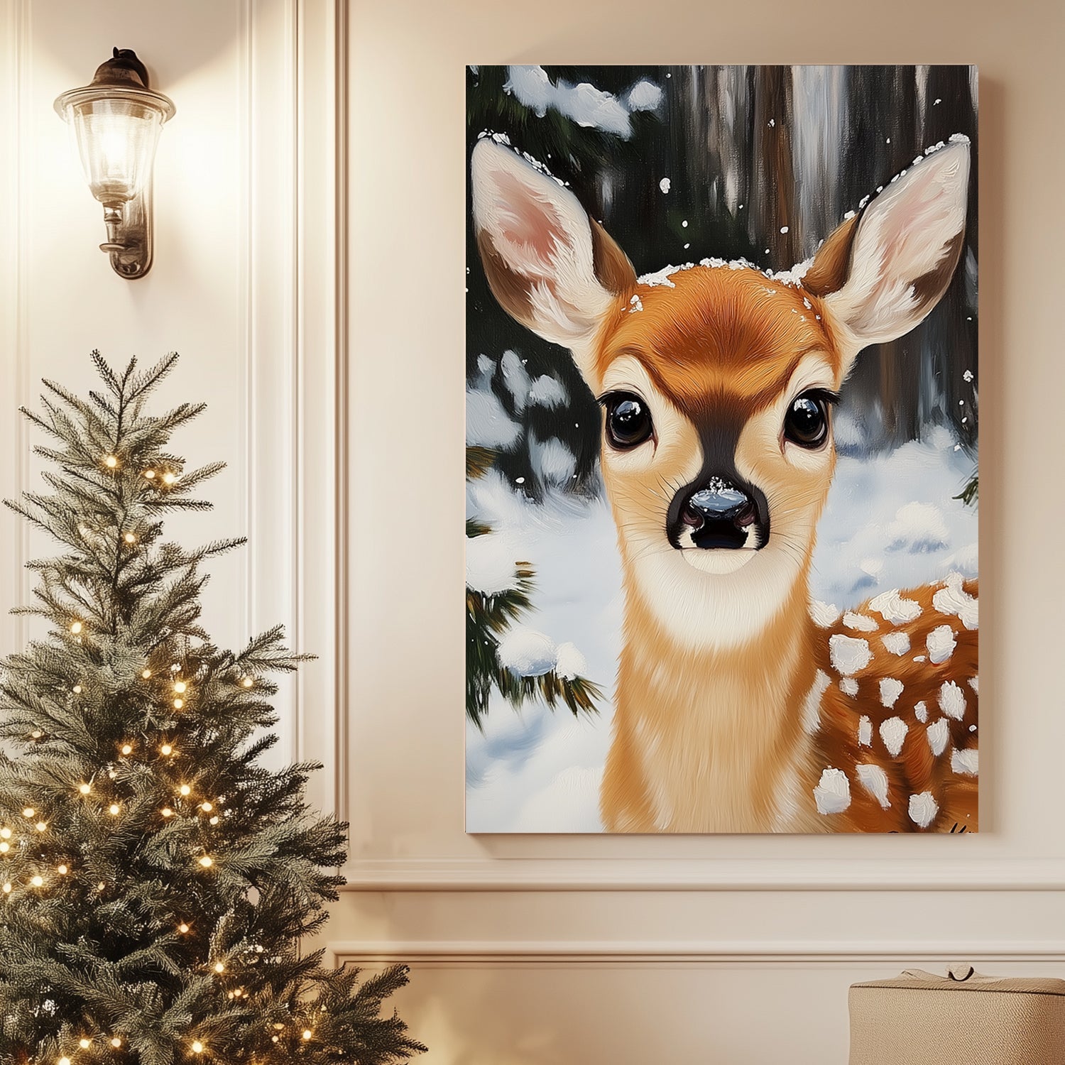 Close-up of a fawn with snowflakes on its fur, set in a snowy forest backdrop, creating a serene winter scene.