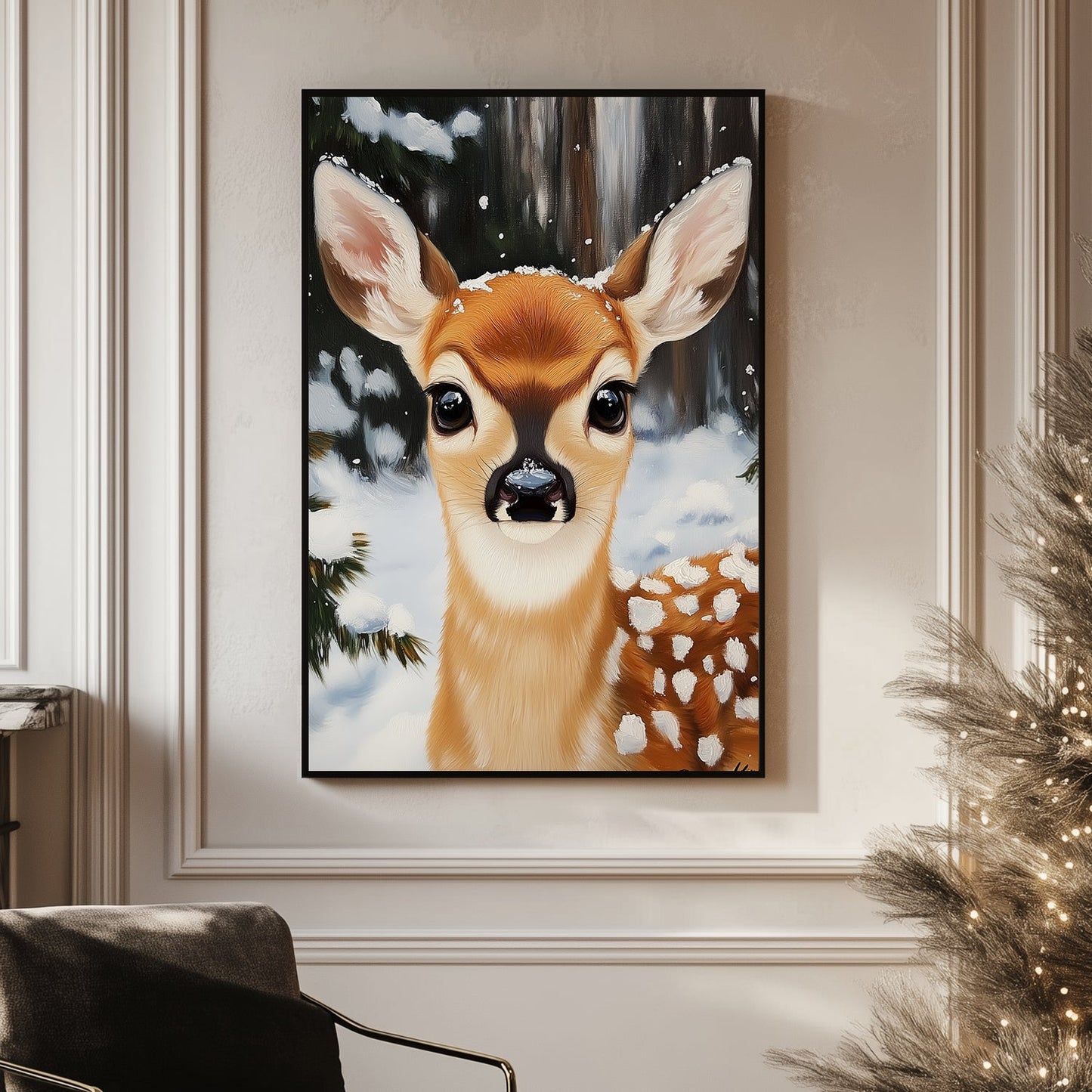 Close-up of a fawn with snowflakes on its fur, set in a snowy forest backdrop, creating a serene winter scene.