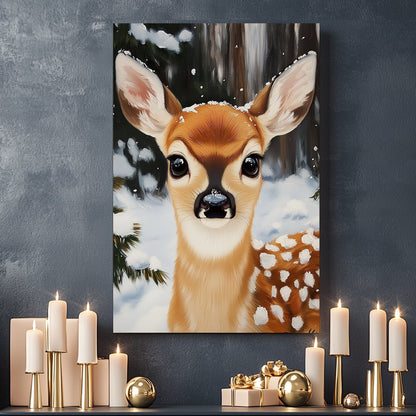 Close-up of a fawn with snowflakes on its fur, set in a snowy forest backdrop, creating a serene winter scene.