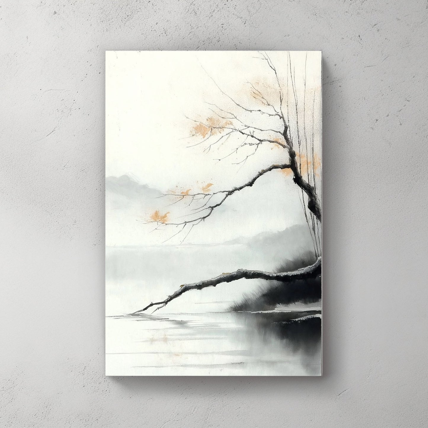 This minimalist landscape captures a quiet lakeside scene with delicate branches stretching over the lake. Perfect for modern decor. canvas wall art abstract portrait