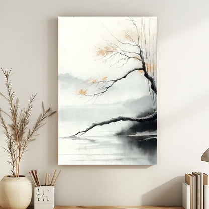 This minimalist landscape captures a quiet lakeside scene with delicate branches stretching over the lake. Perfect for modern decor. canvas wall art abstract portrait