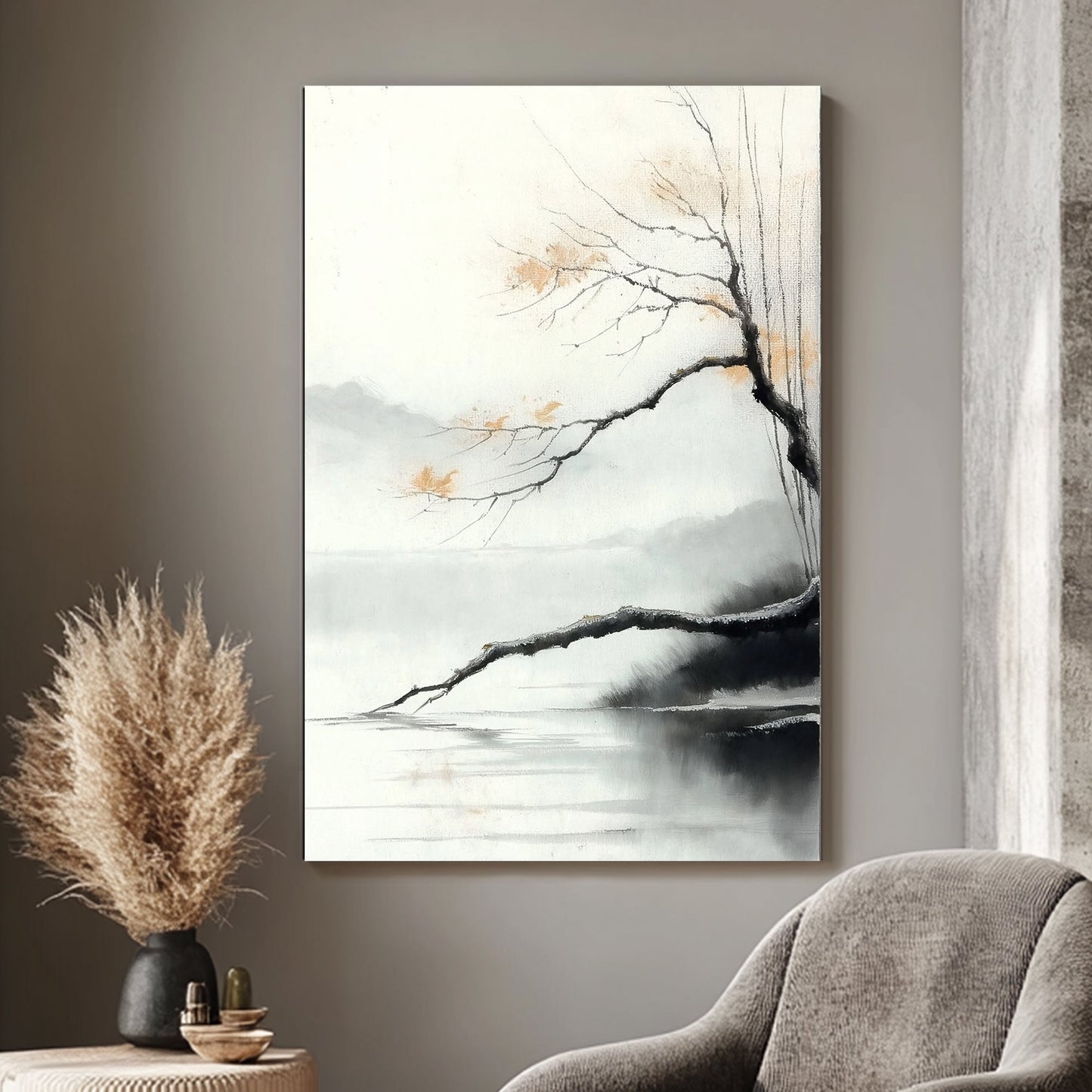 This minimalist landscape captures a quiet lakeside scene with delicate branches stretching over the lake. Perfect for modern decor. canvas wall art abstract portrait