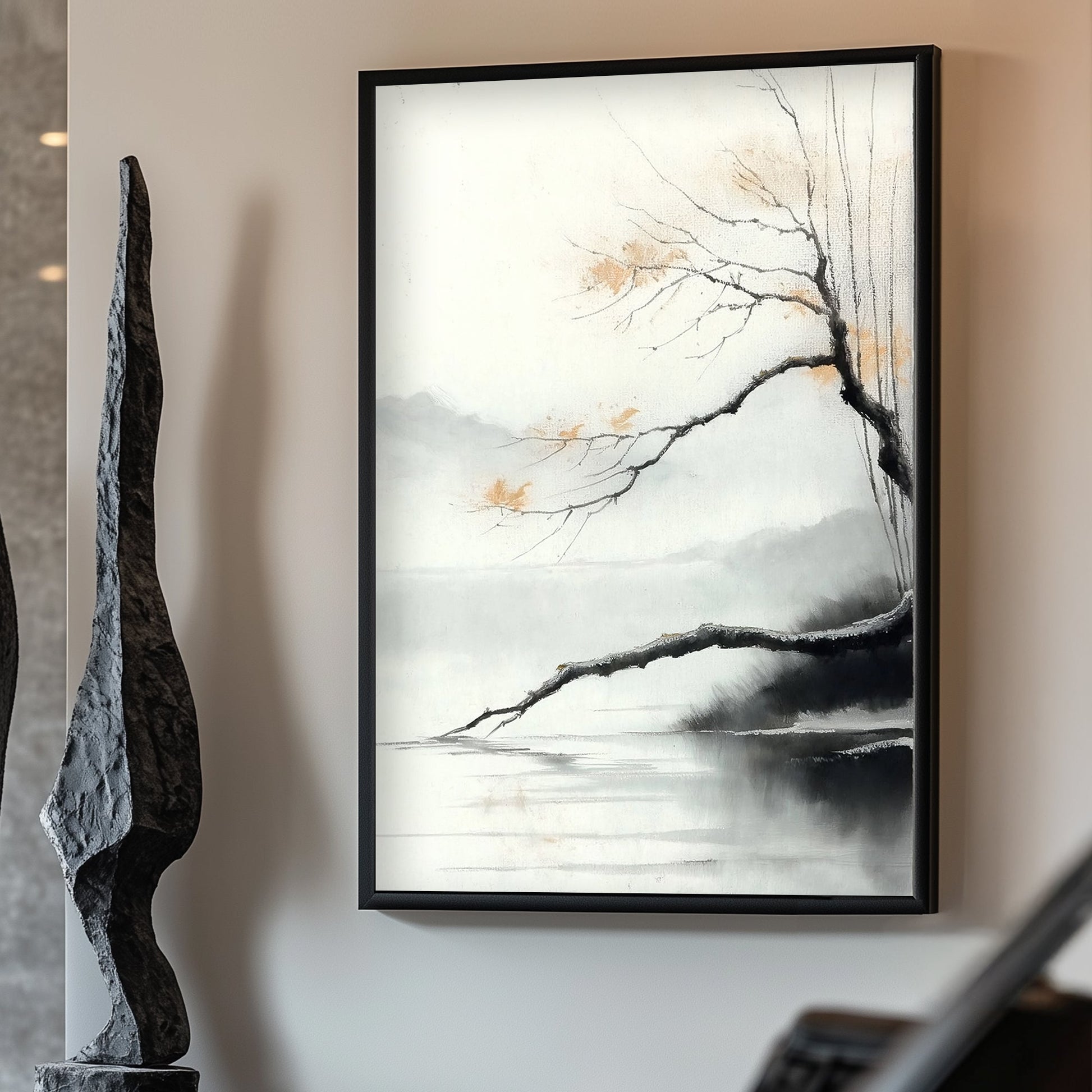 This minimalist landscape captures a quiet lakeside scene with delicate branches stretching over the lake. Perfect for modern decor. canvas wall art abstract portrait