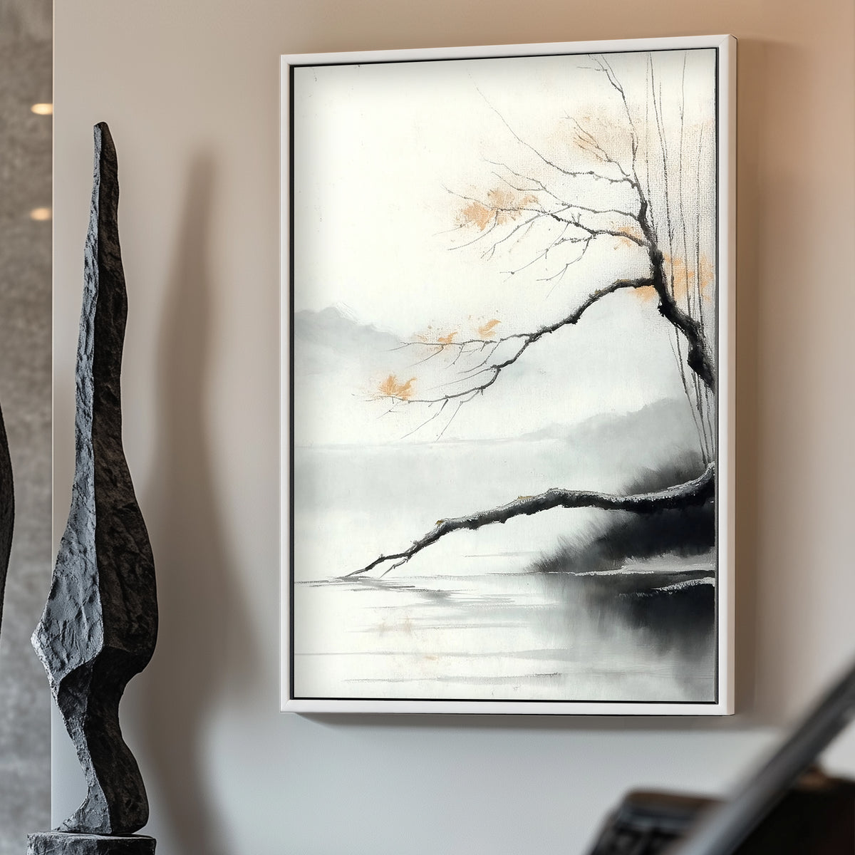 This minimalist landscape captures a quiet lakeside scene with delicate branches stretching over the lake. Perfect for modern decor. canvas wall art abstract portrait