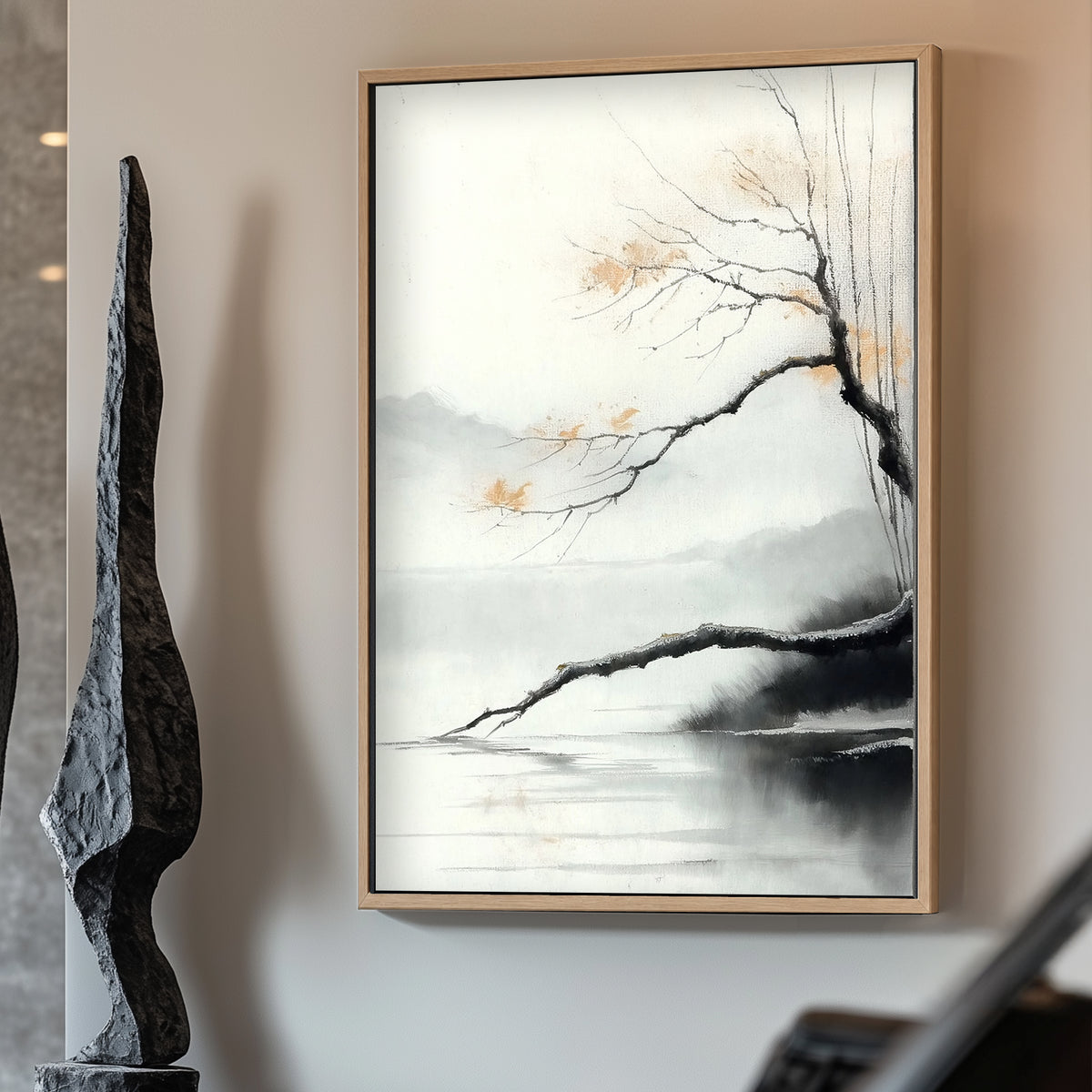 This minimalist landscape captures a quiet lakeside scene with delicate branches stretching over the lake. Perfect for modern decor. canvas wall art abstract portrait