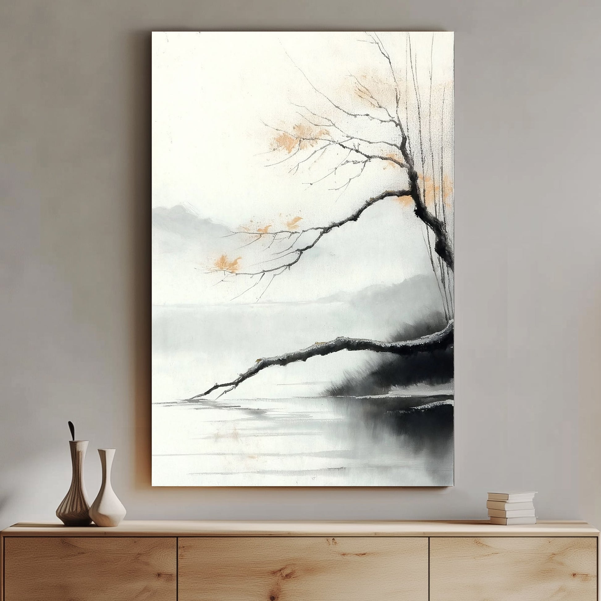 This minimalist landscape captures a quiet lakeside scene with delicate branches stretching over the lake. Perfect for modern decor. canvas wall art abstract portrait