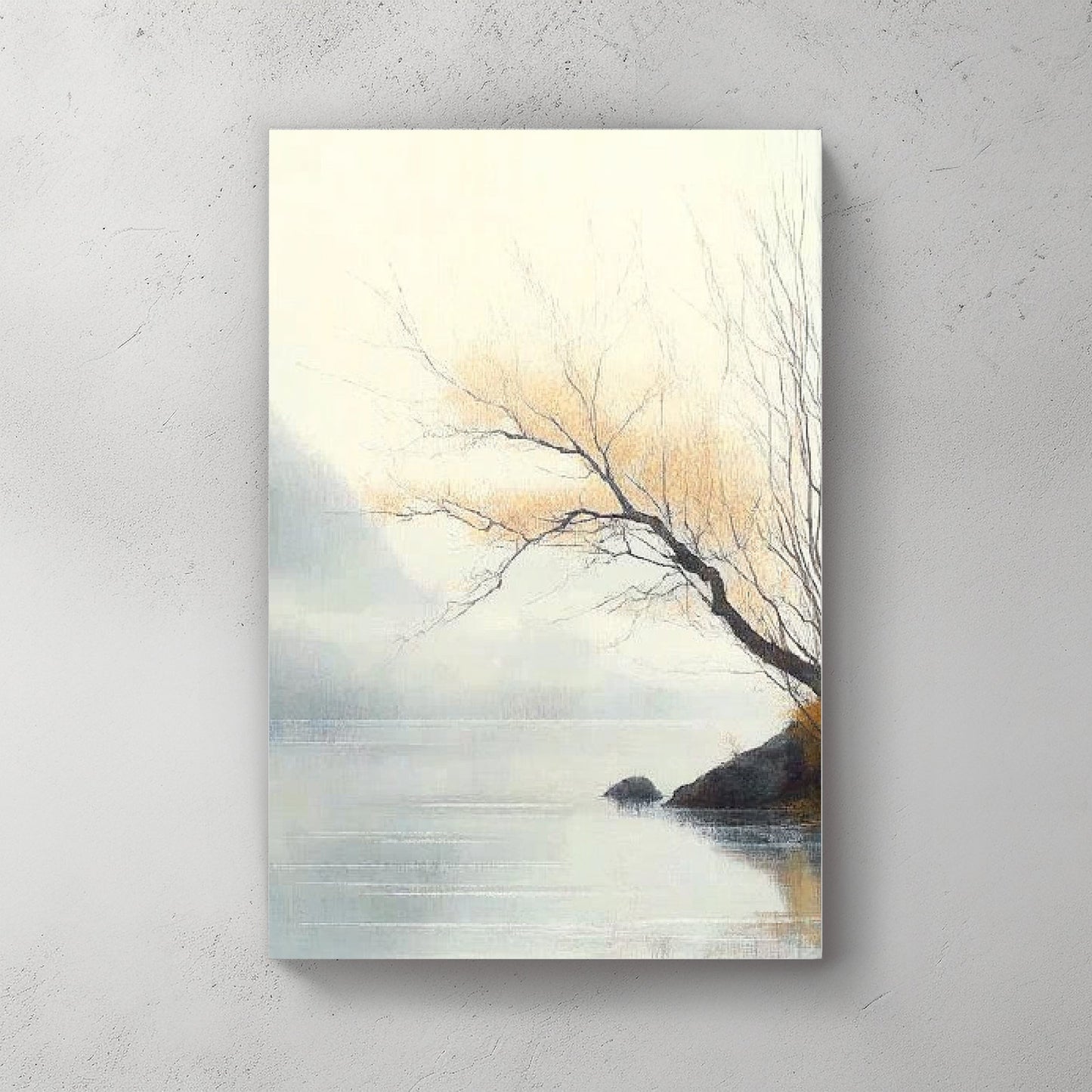 A delicate scene of quiet solitude unfolds as a slender branch extends over the misty waters. Perfect for modern decor. canvas wall art abstract portrait landscape