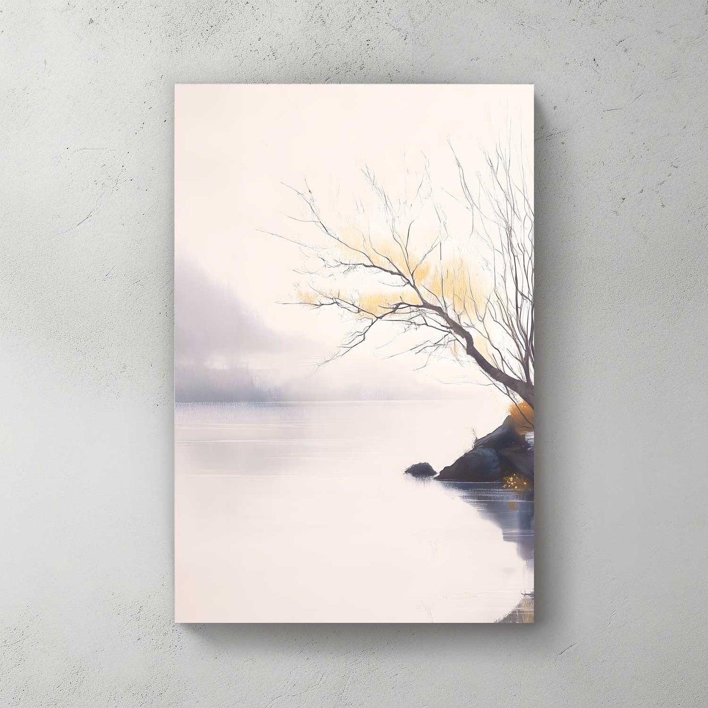 Canvas print of a tree by a lake with a sunset, on a light gray wall.