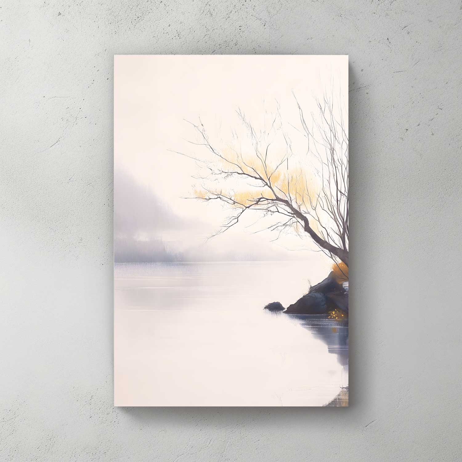 Canvas print of a tree by a lake with a sunset, on a light gray wall.