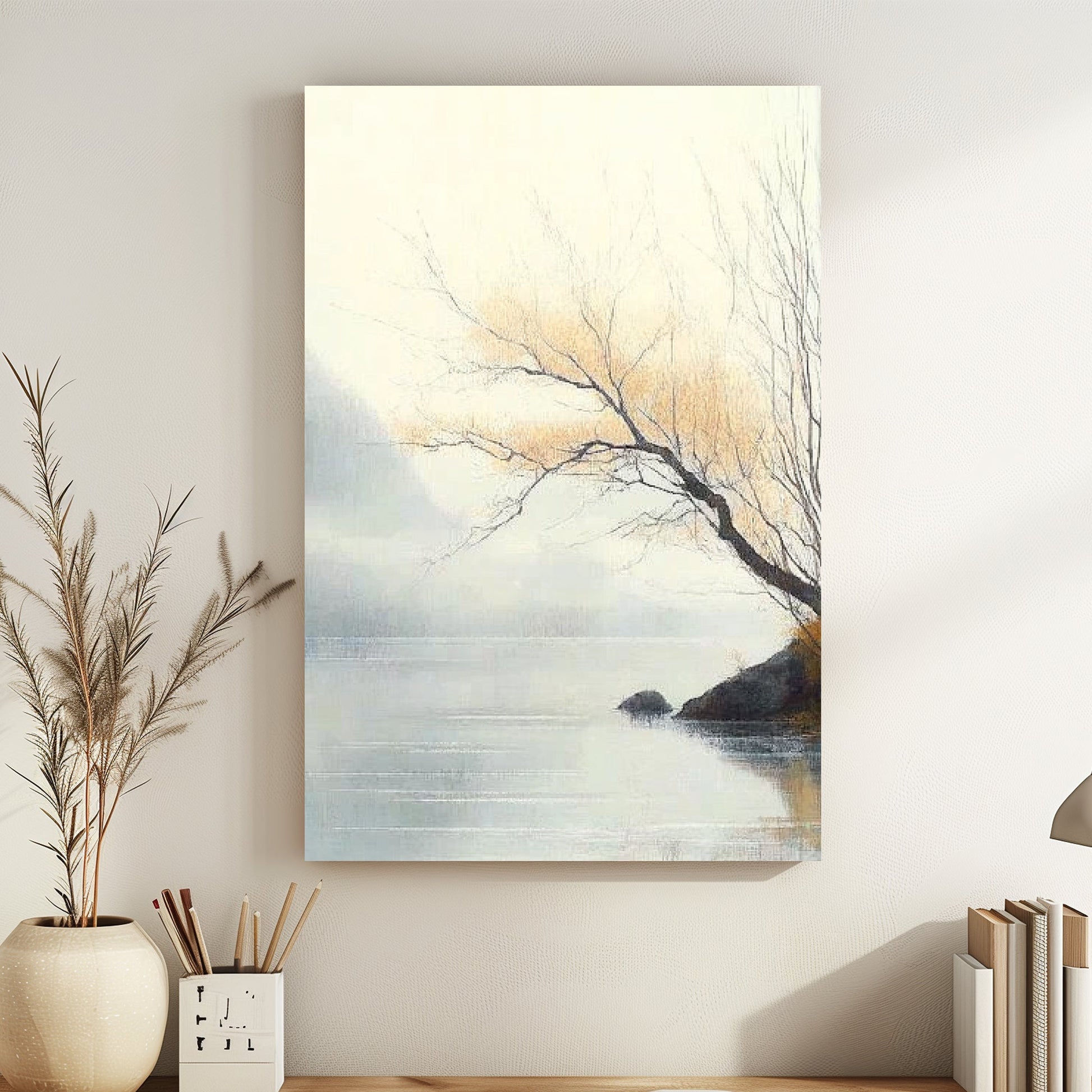 A delicate scene of quiet solitude unfolds as a slender branch extends over the misty waters. Perfect for modern decor. canvas wall art abstract portrait landscape