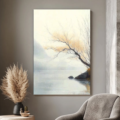 A delicate scene of quiet solitude unfolds as a slender branch extends over the misty waters. Perfect for modern decor. canvas wall art abstract portrait landscape