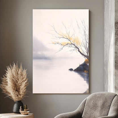 Artistic depiction of a tree by a lake on a wall in a room with a chair and decorative plant.