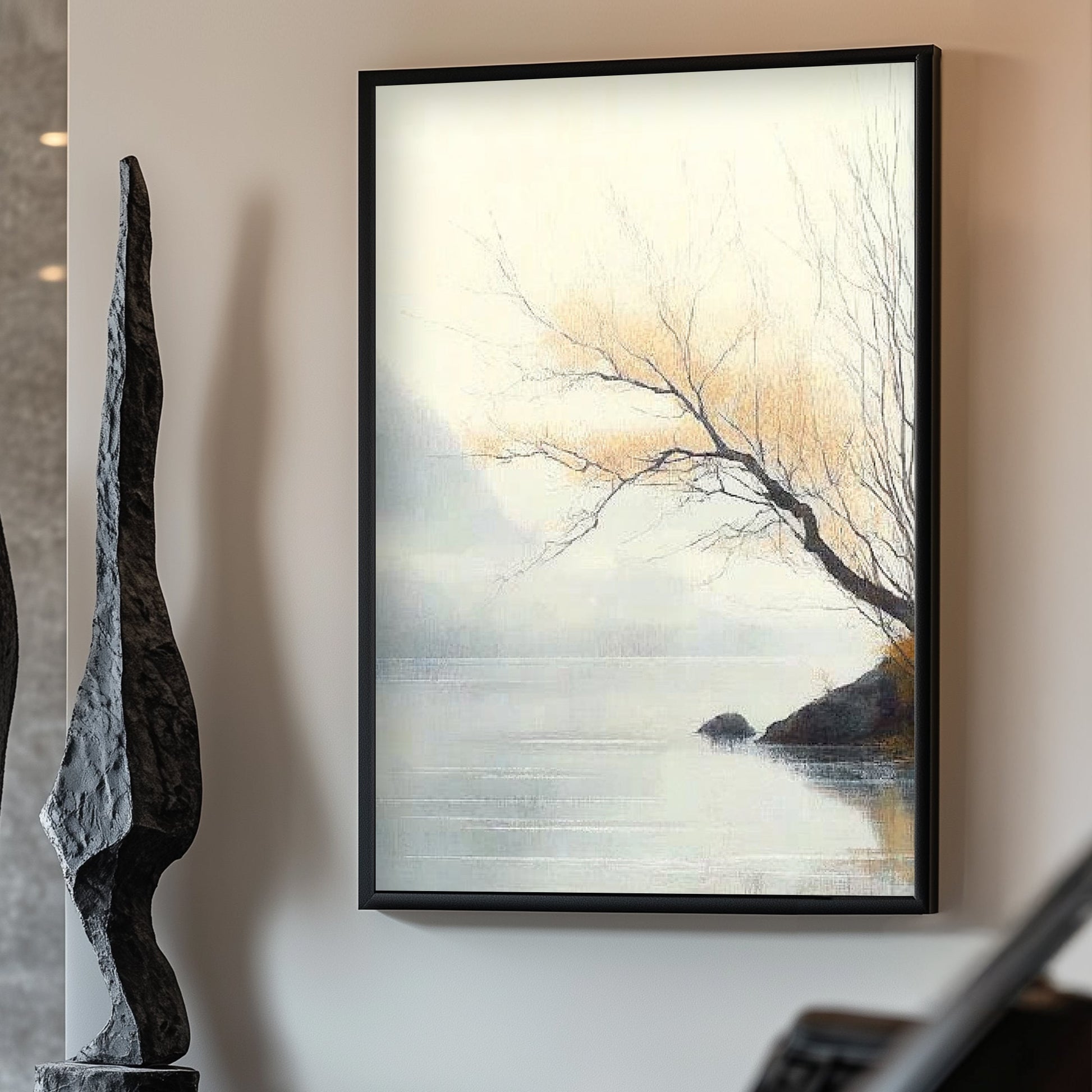 A delicate scene of quiet solitude unfolds as a slender branch extends over the misty waters. Perfect for modern decor. canvas wall art abstract portrait landscape