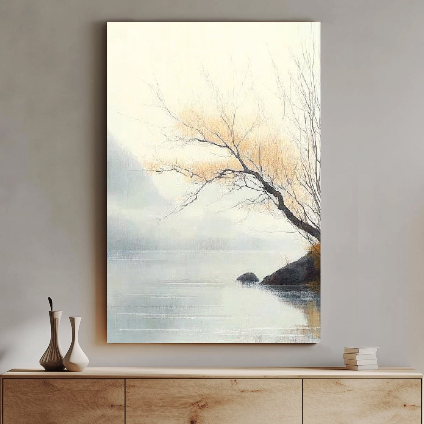 A delicate scene of quiet solitude unfolds as a slender branch extends over the misty waters. Perfect for modern decor. canvas wall art abstract portrait landscape