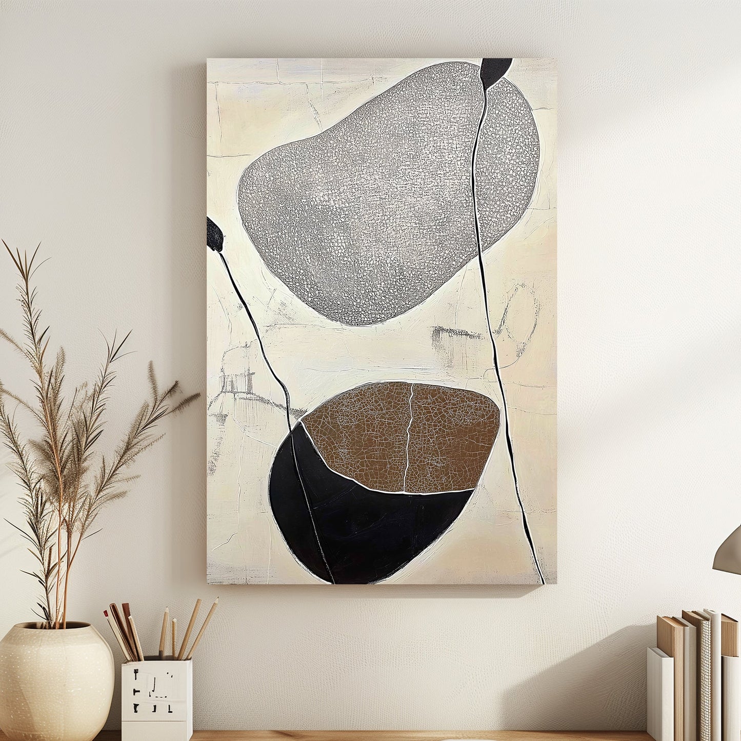 A modern abstract composition featuring textured stones and organic lines. Perfect for modern decor. canvas wall art portrait landscape