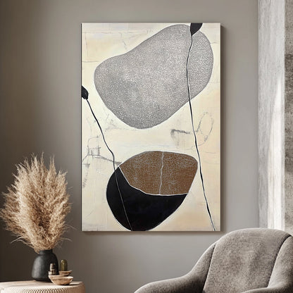 A modern abstract composition featuring textured stones and organic lines. Perfect for modern decor. canvas wall art portrait landscape