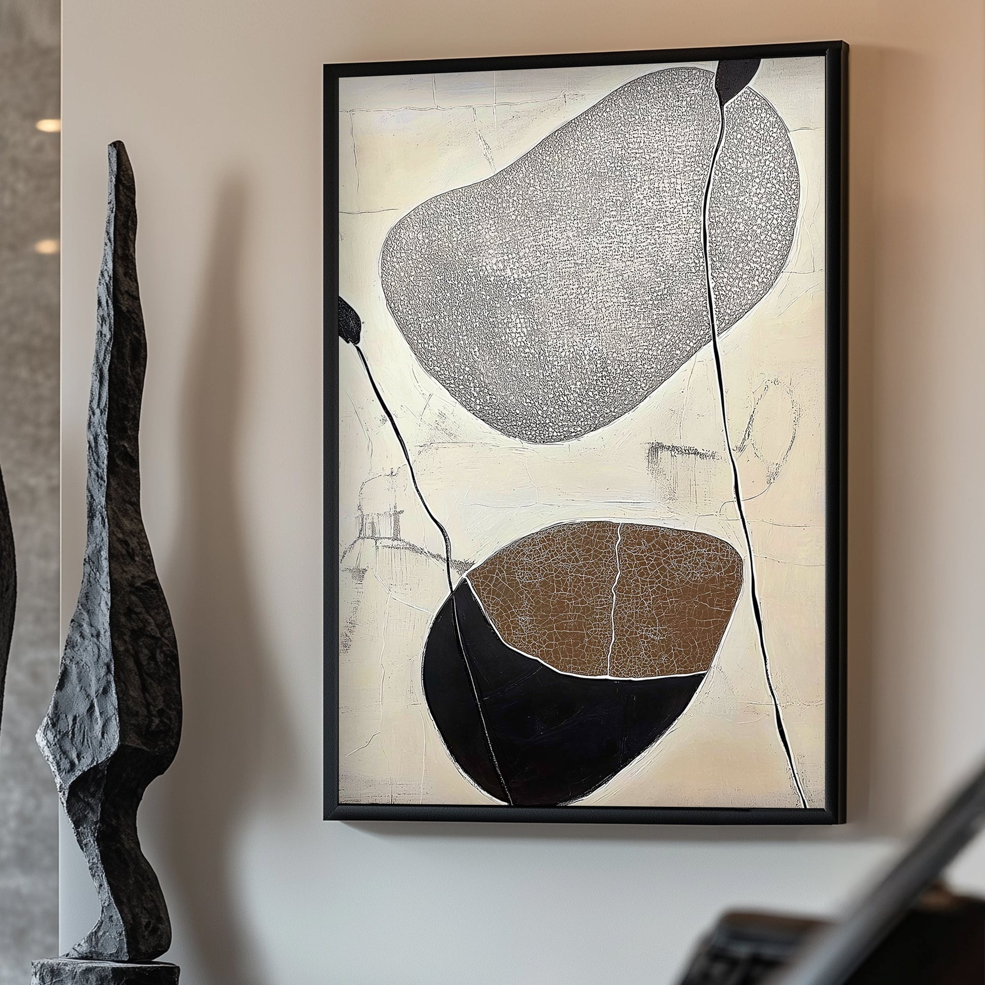 A modern abstract composition featuring textured stones and organic lines. Perfect for modern decor. canvas wall art portrait landscape