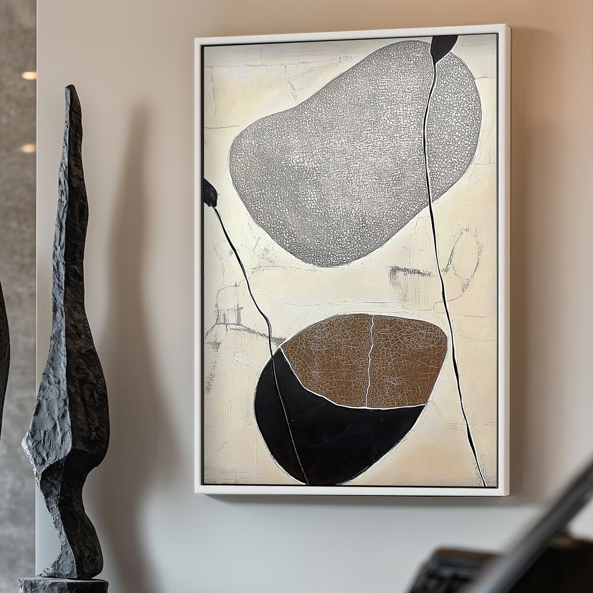 A modern abstract composition featuring textured stones and organic lines. Perfect for modern decor. canvas wall art portrait landscape