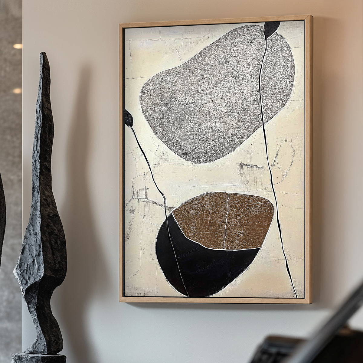 A modern abstract composition featuring textured stones and organic lines. Perfect for modern decor. canvas wall art portrait landscape