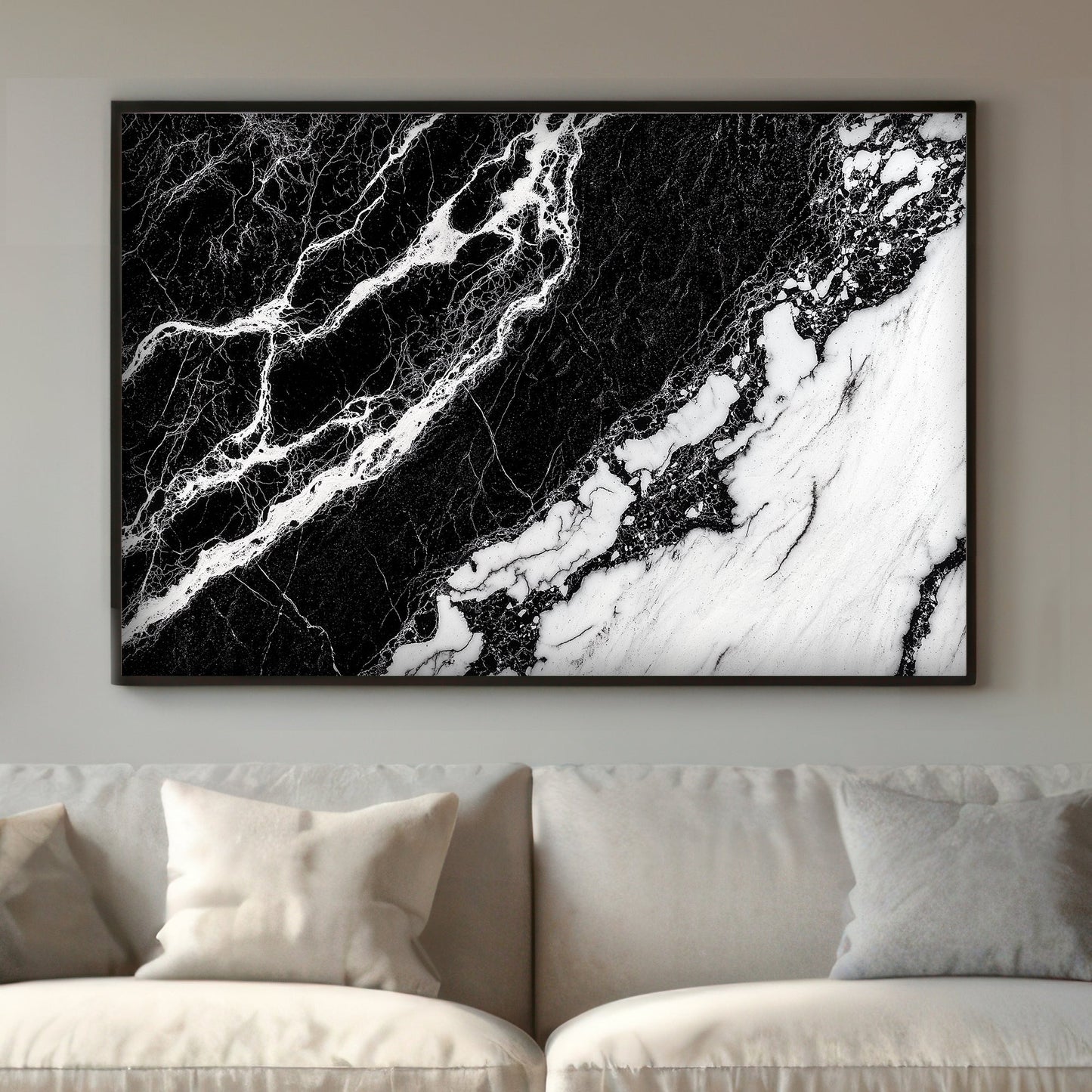 This piece captures the essence of natural marble patterns in striking black and white. Perfect for modern decor. canvas wall art abstract portrait landscape