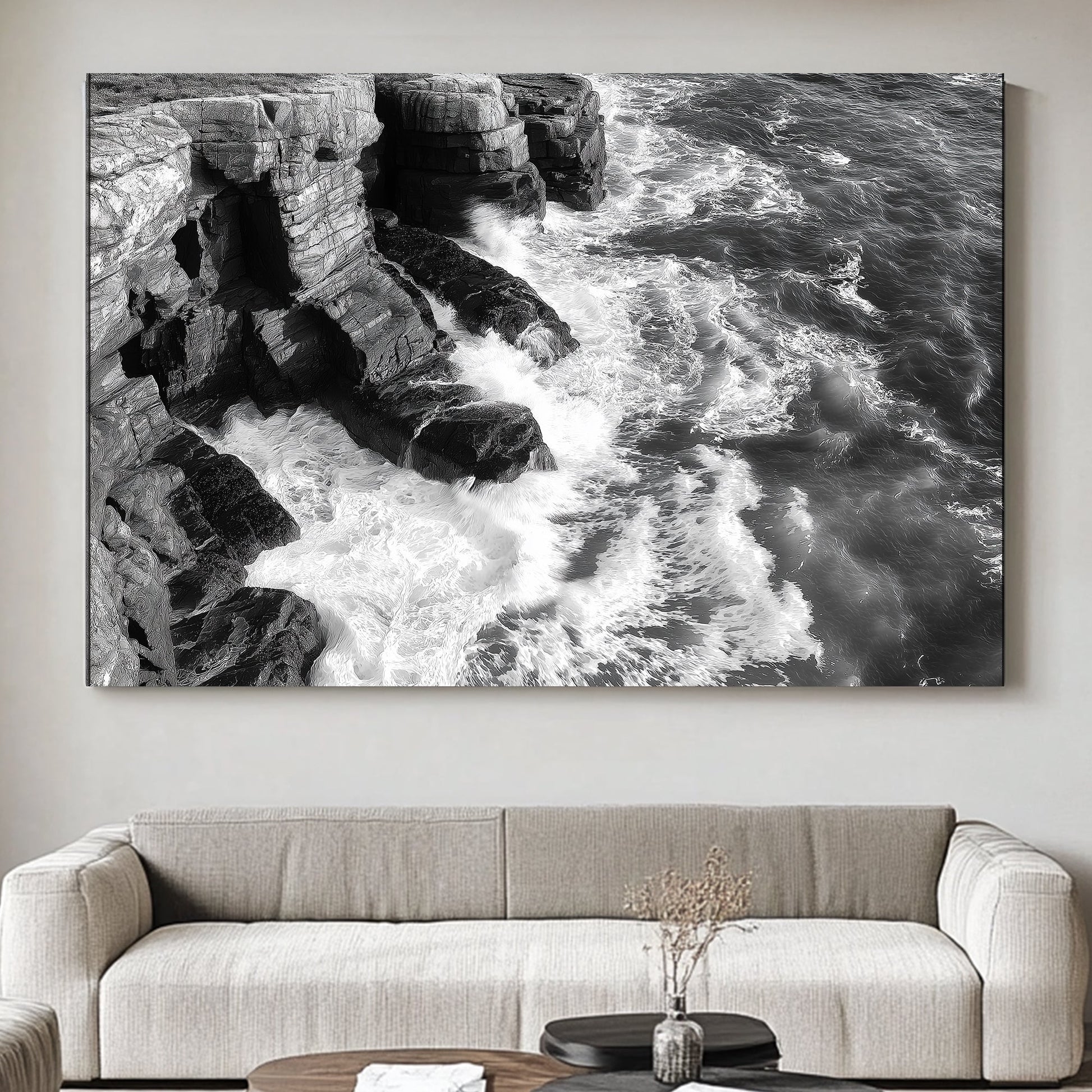 A black-and-white portrayal of rugged cliffs against the relentless ocean waves. Perfect for modern decor. canvas wall art abstract portrait landscape