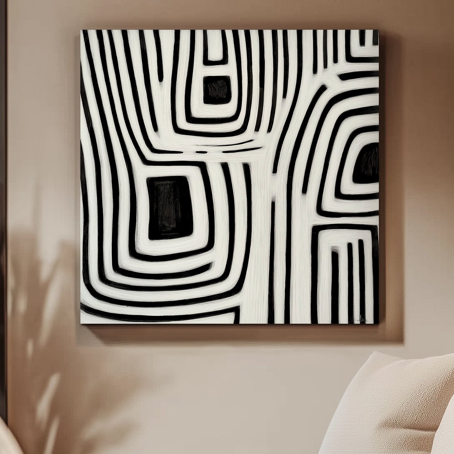 This captivating abstract painting in monochrome weaves intricate black and white lines. Perfect for modern decor. canvas wall art portrait landscape