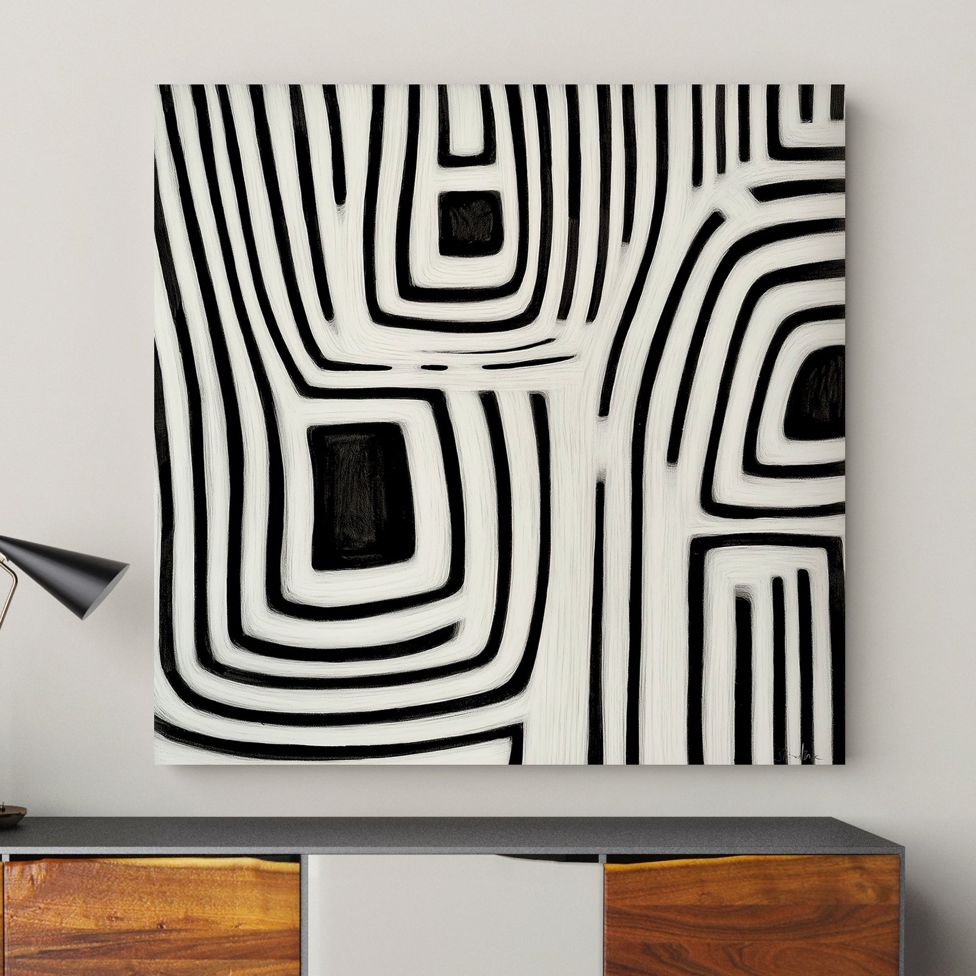 This captivating abstract painting in monochrome weaves intricate black and white lines. Perfect for modern decor. canvas wall art portrait landscape