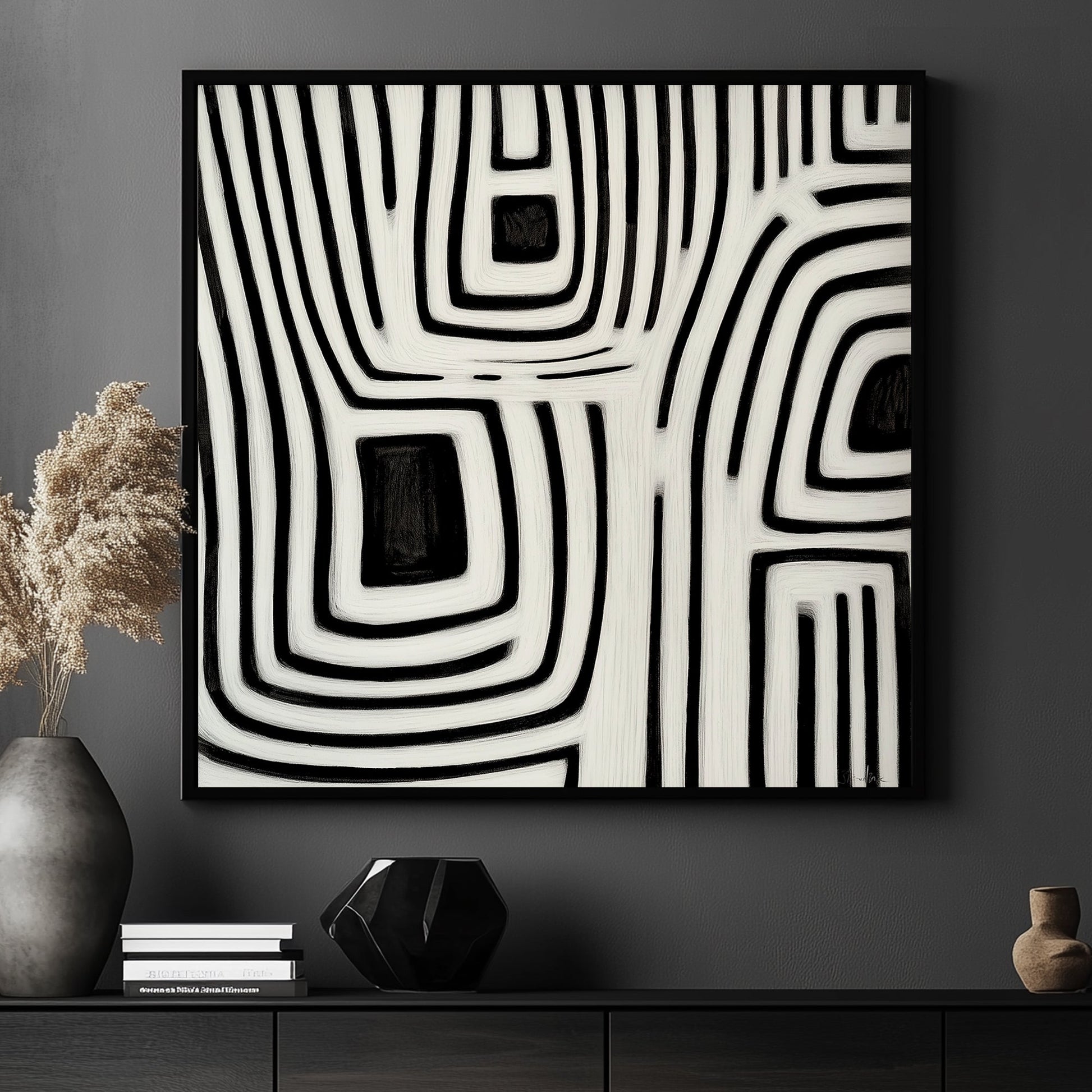 This captivating abstract painting in monochrome weaves intricate black and white lines. Perfect for modern decor. canvas wall art portrait landscape