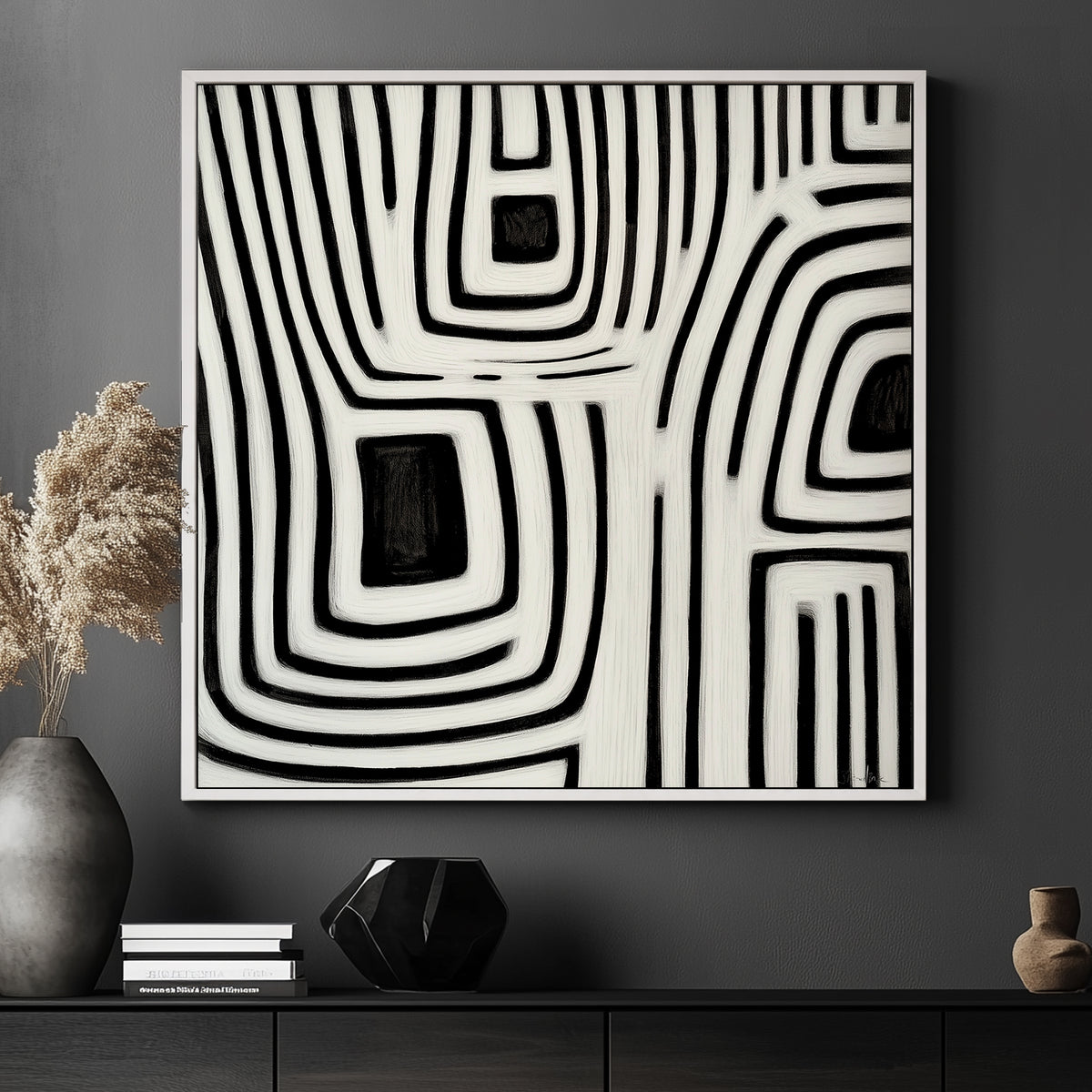This captivating abstract painting in monochrome weaves intricate black and white lines. Perfect for modern decor. canvas wall art portrait landscape