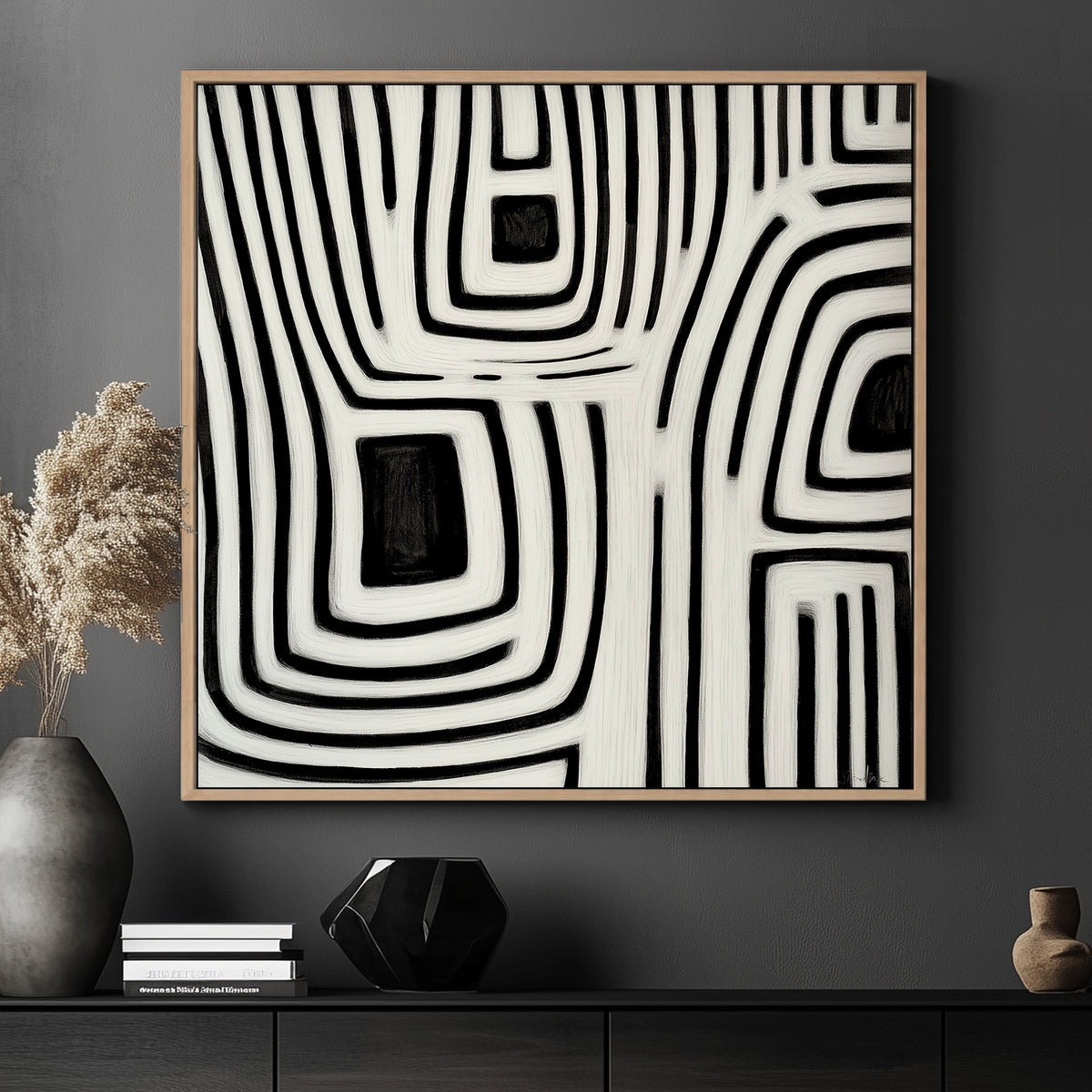 This captivating abstract painting in monochrome weaves intricate black and white lines. Perfect for modern decor. canvas wall art portrait landscape