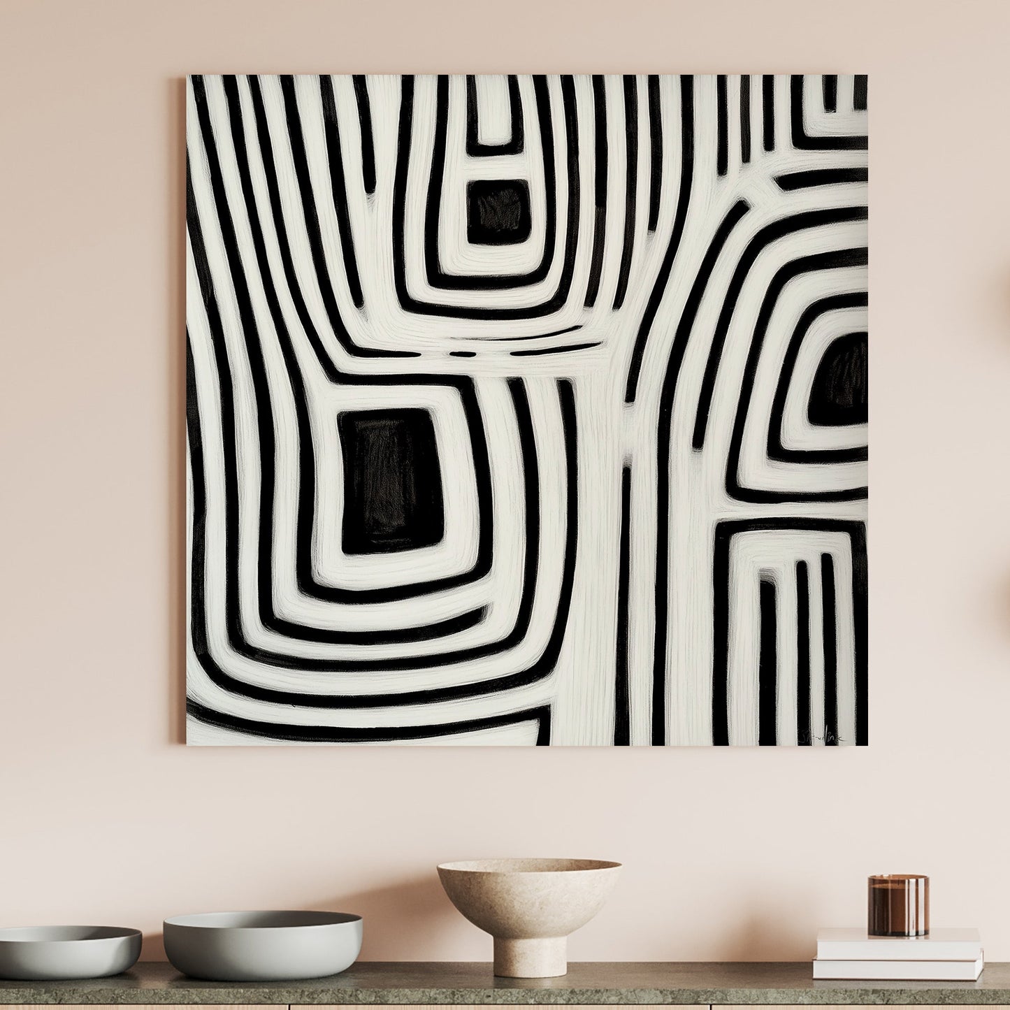 This captivating abstract painting in monochrome weaves intricate black and white lines. Perfect for modern decor. canvas wall art portrait landscape