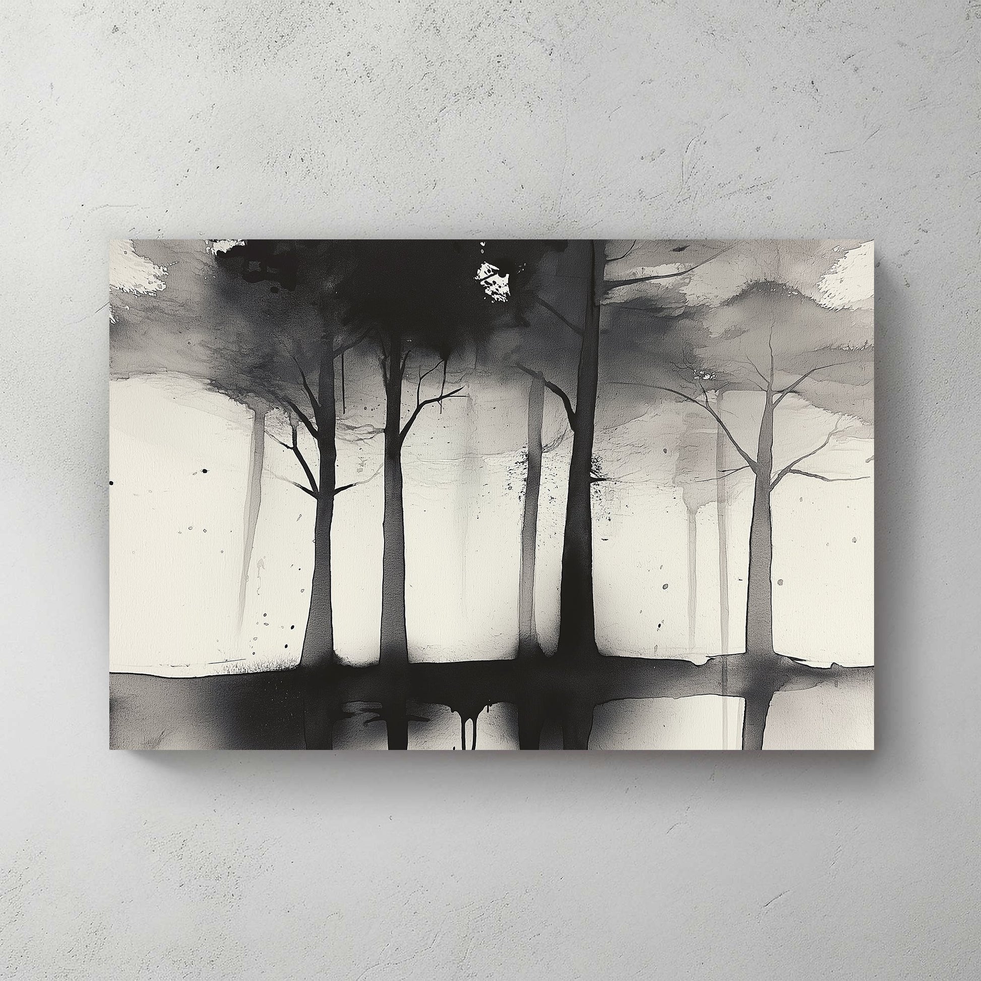 This evocative ink wash artwork captures a row of trees shrouded in a misty, dreamlike haze. Perfect for modern decor. canvas wall art abstract portrait landscape