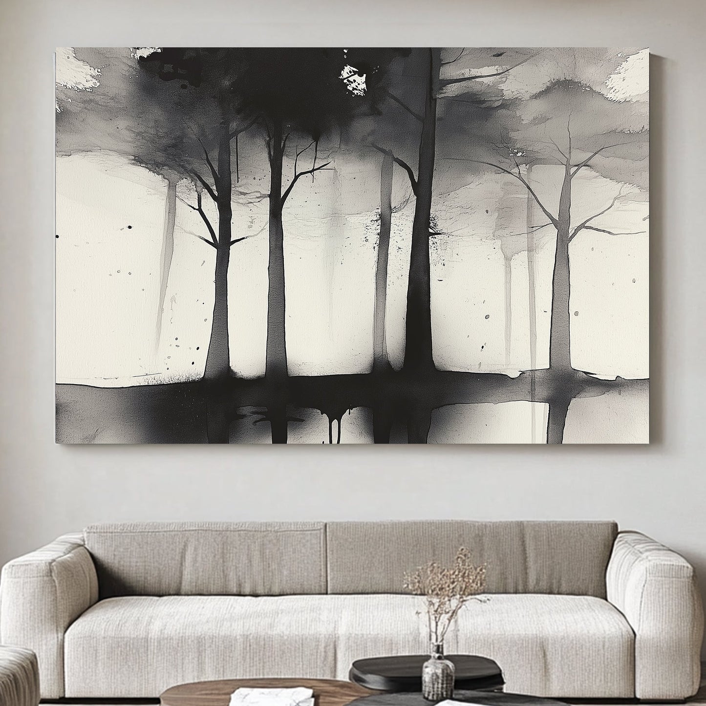 This evocative ink wash artwork captures a row of trees shrouded in a misty, dreamlike haze. Perfect for modern decor. canvas wall art abstract portrait landscape