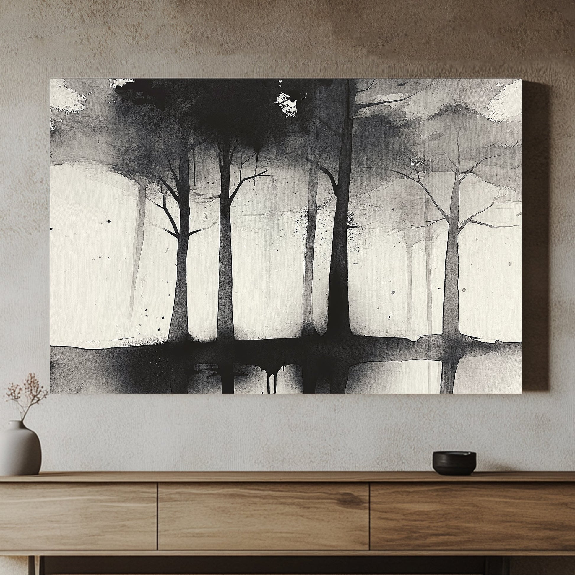 This evocative ink wash artwork captures a row of trees shrouded in a misty, dreamlike haze. Perfect for modern decor. canvas wall art abstract portrait landscape