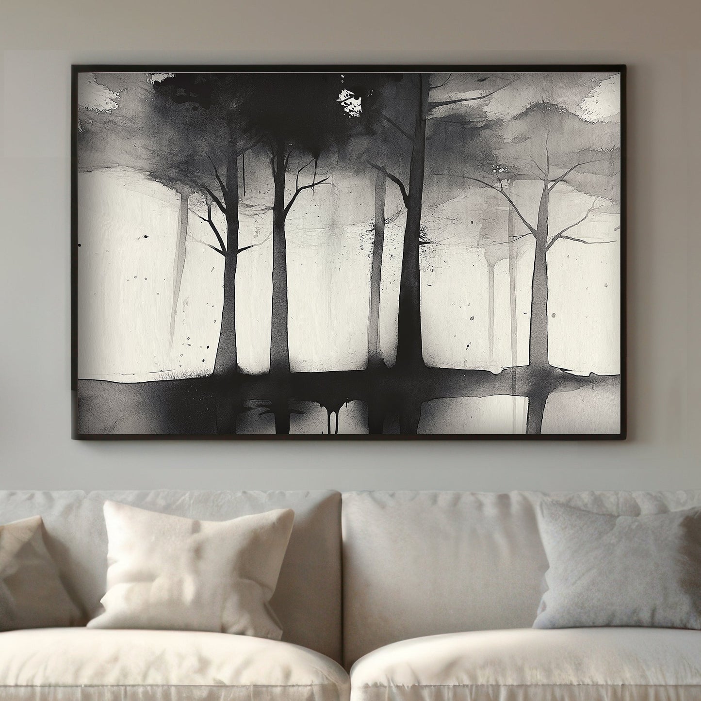 This evocative ink wash artwork captures a row of trees shrouded in a misty, dreamlike haze. Perfect for modern decor. canvas wall art abstract portrait landscape