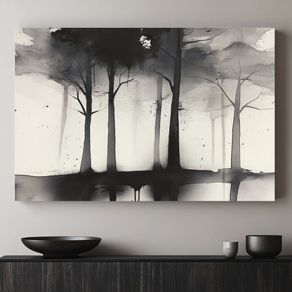 This evocative ink wash artwork captures a row of trees shrouded in a misty, dreamlike haze. Perfect for modern decor. canvas wall art abstract portrait landscape