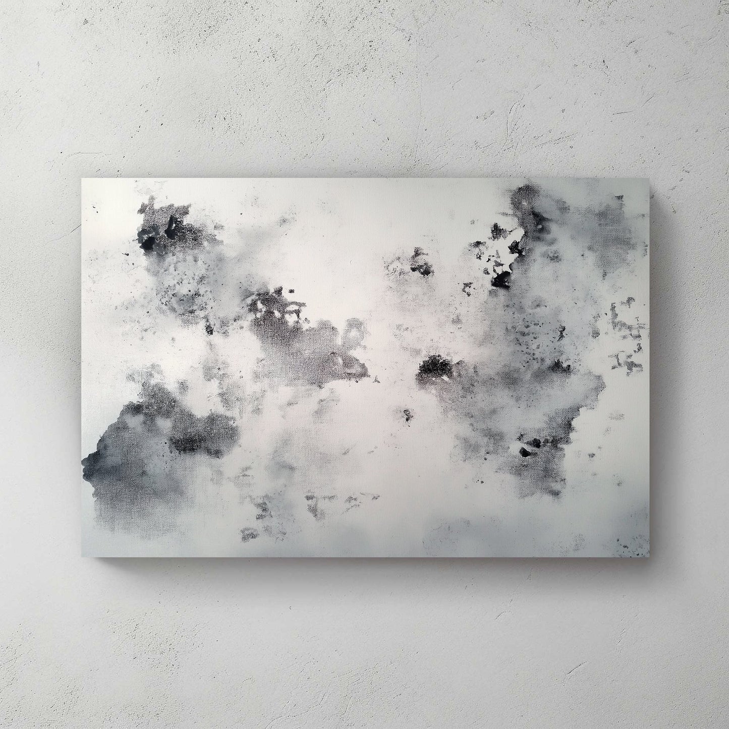 This abstract artwork presents a textured grayscale landscape where shadowy forms drift across a fog. Perfect for modern decor. canvas wall art portrait