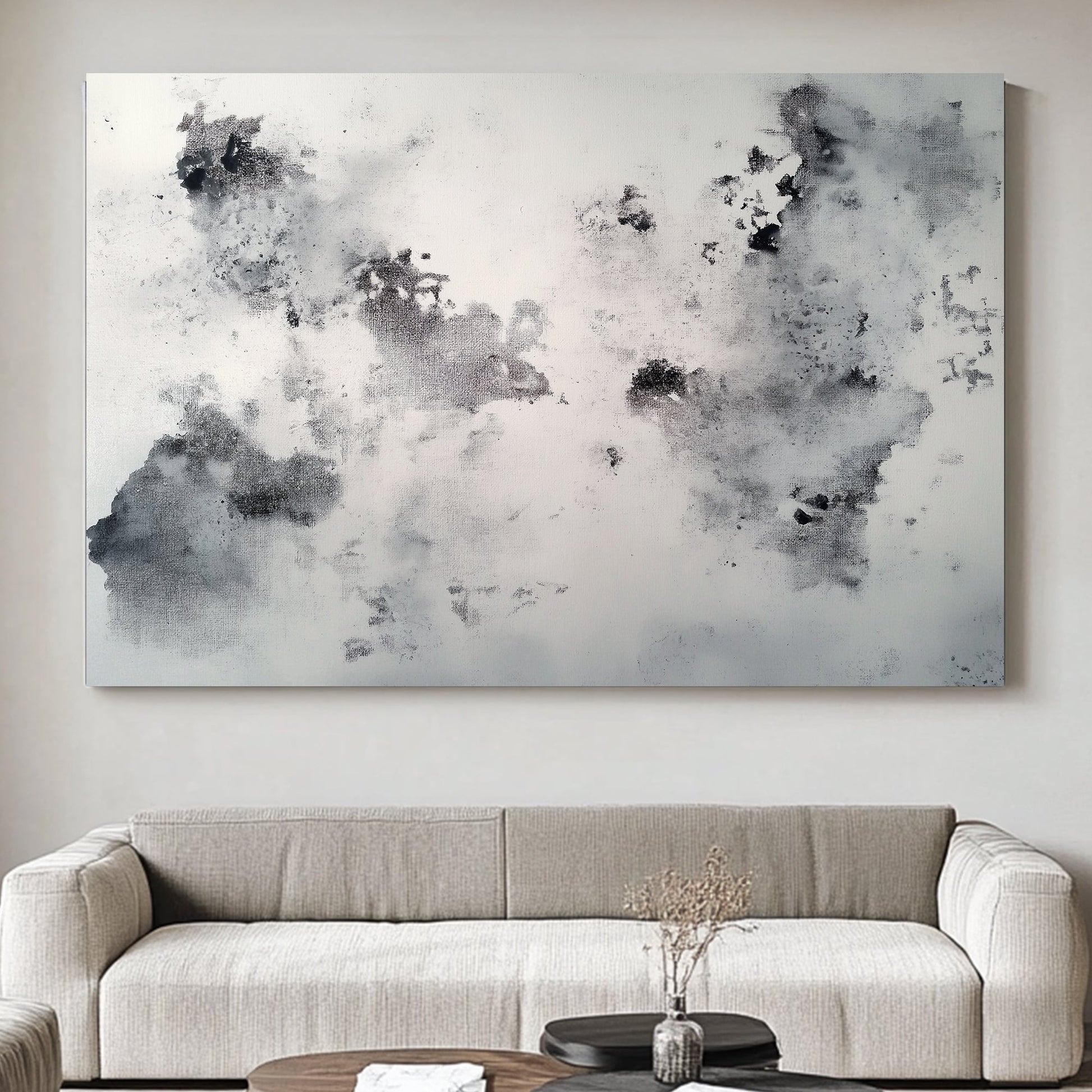 This abstract artwork presents a textured grayscale landscape where shadowy forms drift across a fog. Perfect for modern decor. canvas wall art portrait