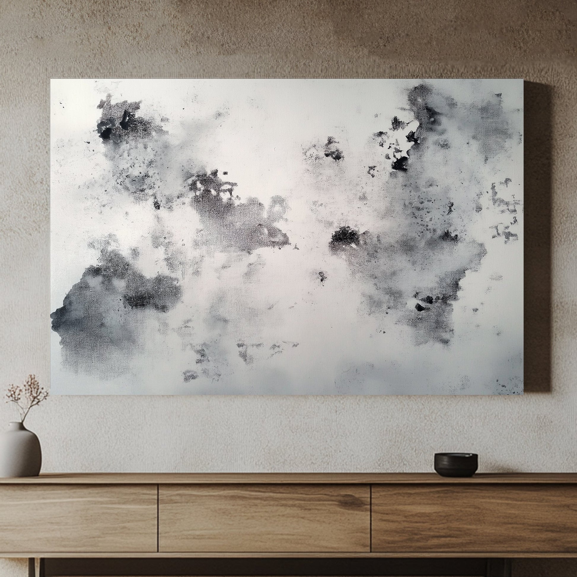 This abstract artwork presents a textured grayscale landscape where shadowy forms drift across a fog. Perfect for modern decor. canvas wall art portrait