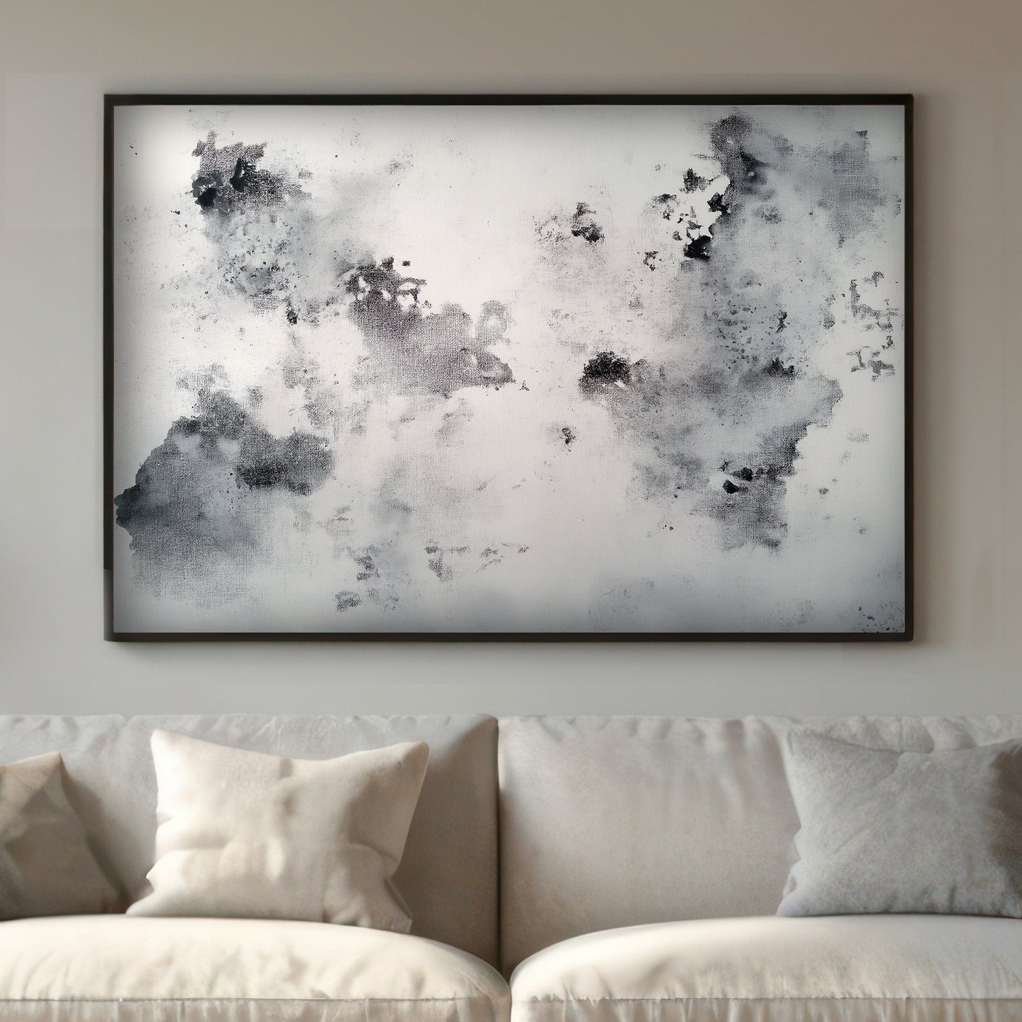 This abstract artwork presents a textured grayscale landscape where shadowy forms drift across a fog. Perfect for modern decor. canvas wall art portrait