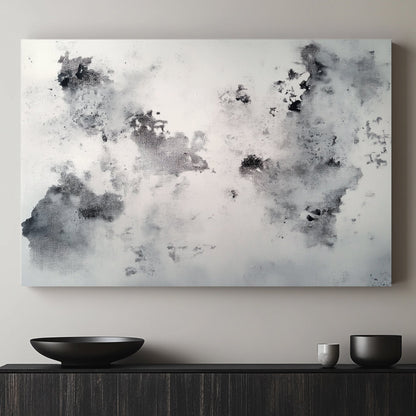 This abstract artwork presents a textured grayscale landscape where shadowy forms drift across a fog. Perfect for modern decor. canvas wall art portrait