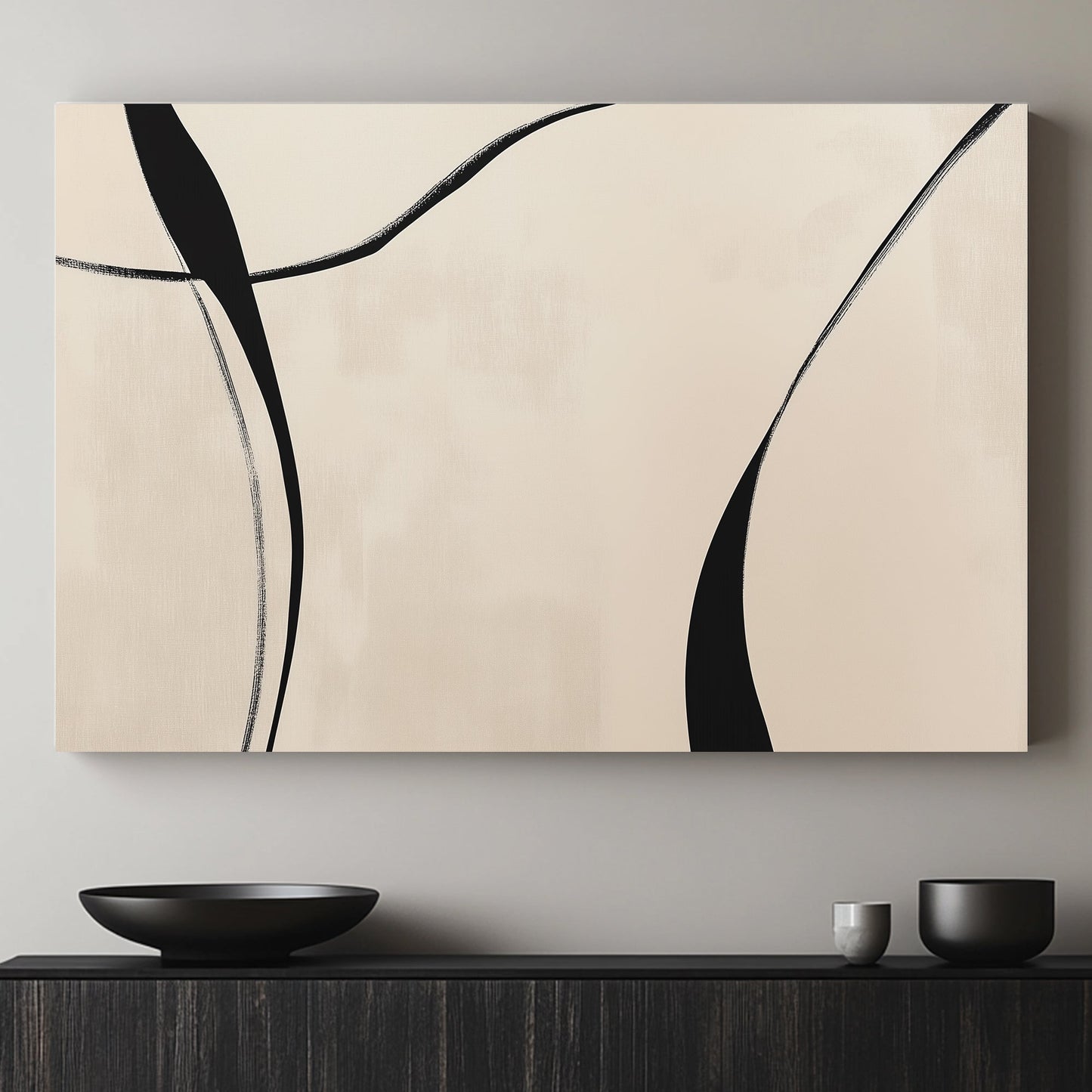 With sweeping black lines over a gentle cream backdrop, this minimalist piece captures. Perfect for modern decor. canvas wall art abstract portrait landscape