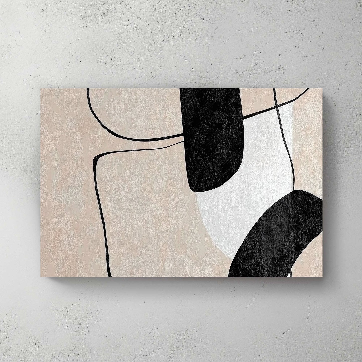 This piece presents an interplay of bold black shapes and delicate outlines. Perfect for modern decor. canvas wall art abstract portrait landscape