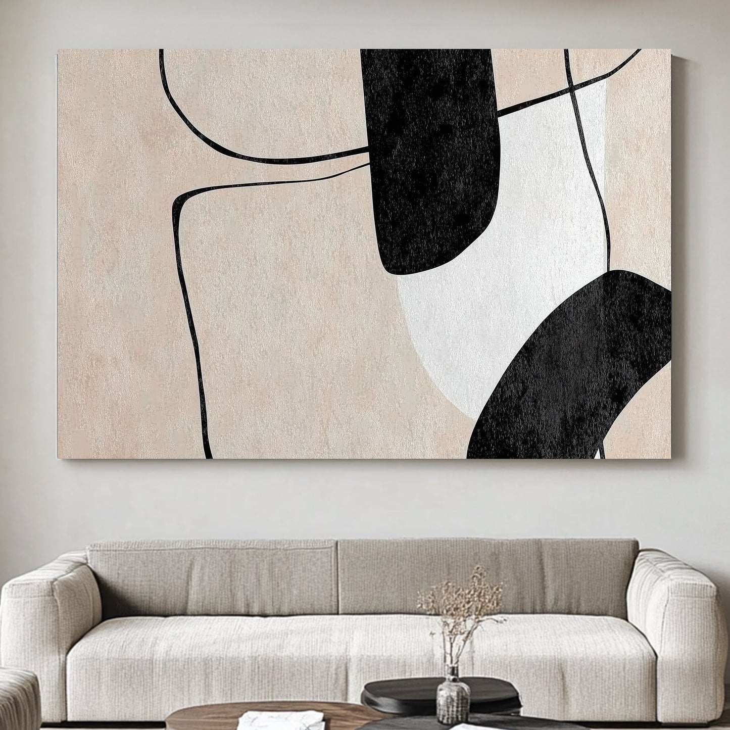 This piece presents an interplay of bold black shapes and delicate outlines. Perfect for modern decor. canvas wall art abstract portrait landscape