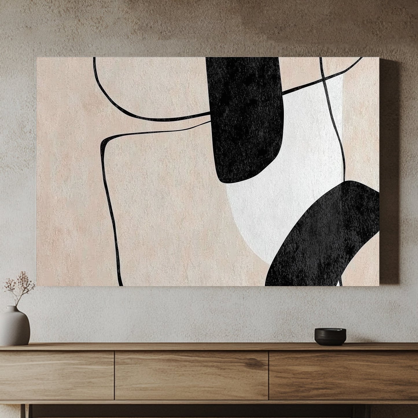 This piece presents an interplay of bold black shapes and delicate outlines. Perfect for modern decor. canvas wall art abstract portrait landscape