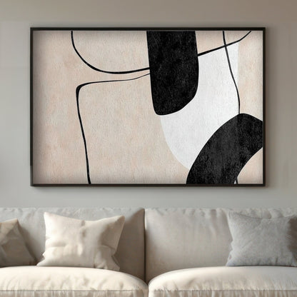 This piece presents an interplay of bold black shapes and delicate outlines. Perfect for modern decor. canvas wall art abstract portrait landscape