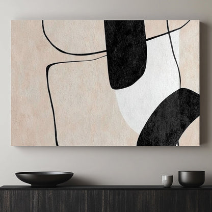 This piece presents an interplay of bold black shapes and delicate outlines. Perfect for modern decor. canvas wall art abstract portrait landscape